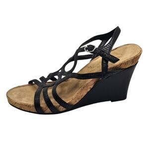 Kelly & Katie Black Plushin Strappy Cork Preppy Comfort Wedge Sandal